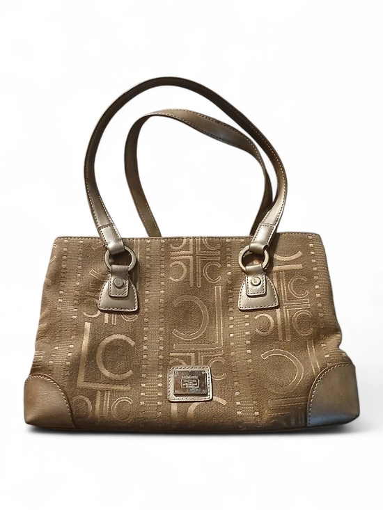 Liz Claiborne Gold & Champagne Colored Faux Leather & Fabric Monogram Handbag - Picture 3 of 5